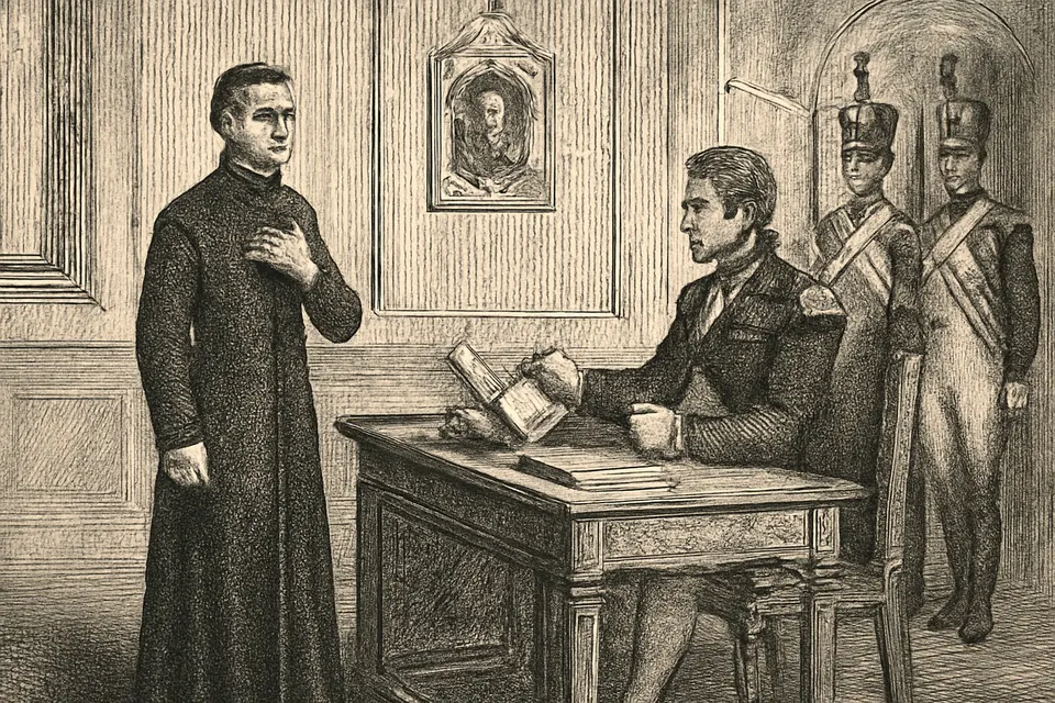 Engraving-style illustration of the young priest Gaspar del Bufalo refusing to swear the oath to Napoleon before a French official in Rome in 1810