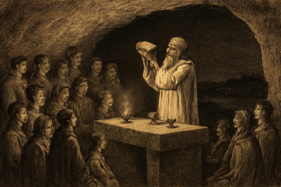 Engraving-style scene of a bishop celebrating Mass by lamplight for a small group of Christians in a cave cut into a cliff above a river