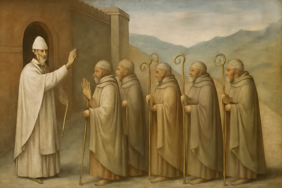 Fresco-style scene of seven bishops in early Christian robes being sent out from Rome, blessed by a pope, with a road leading north