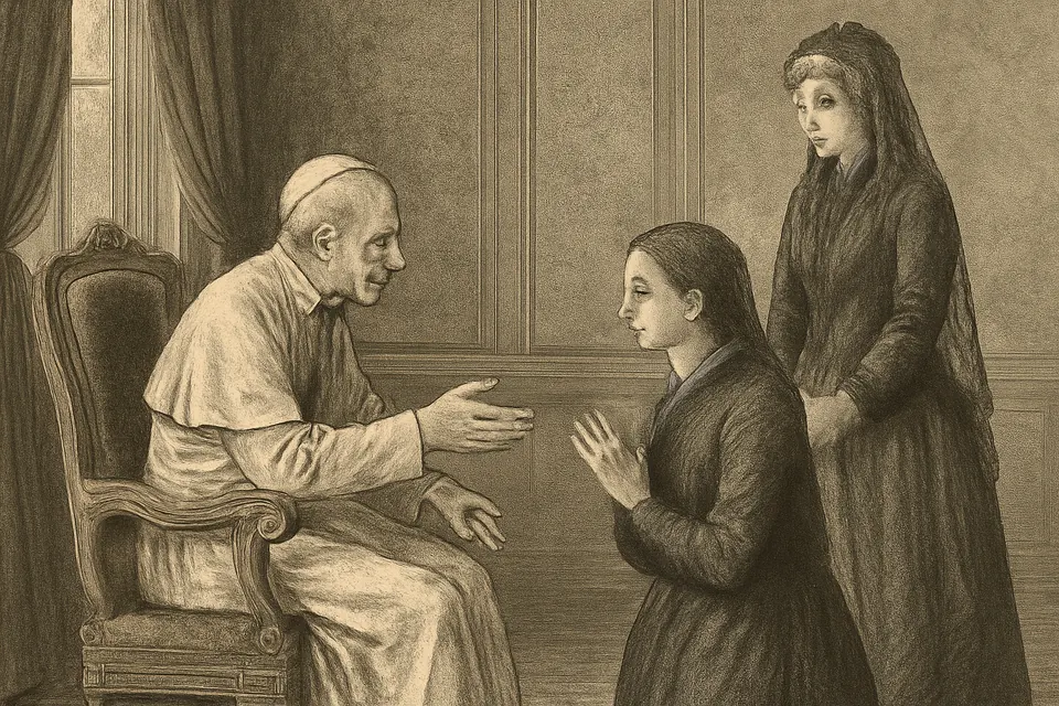 Engraving-style scene of a young Italian woman in plain dark dress kneeling before Pope Leo XIII in a Vatican audience room