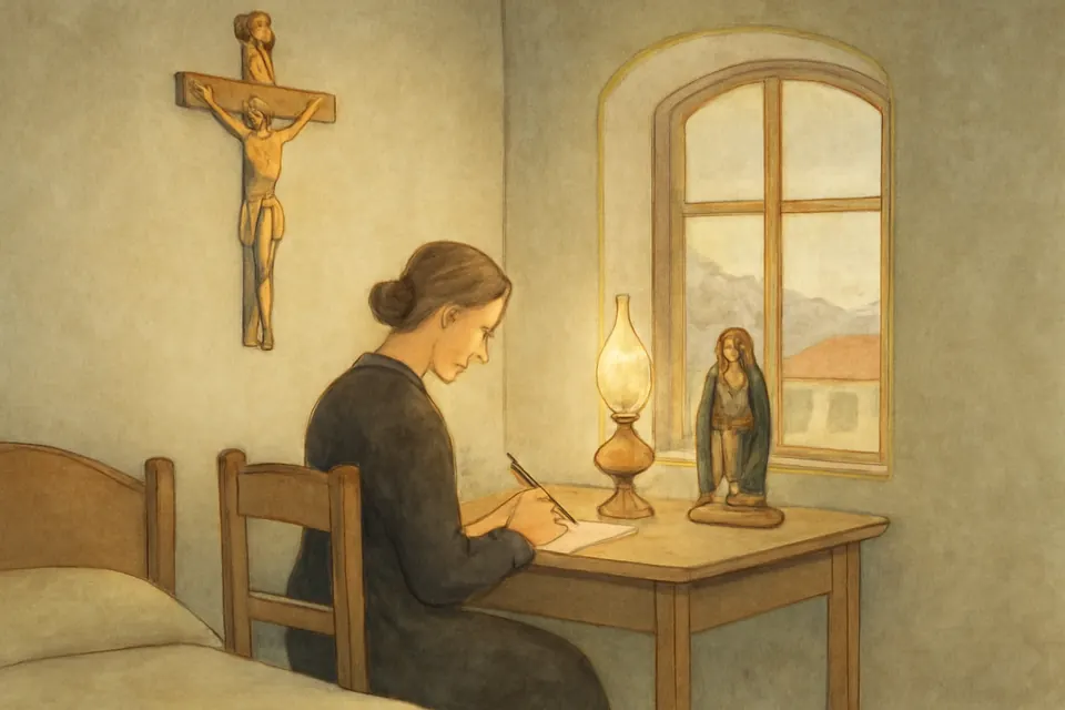 Illustration of Gemma Galgani writing a letter at a small desk by lamplight, with a crucifix on the wall