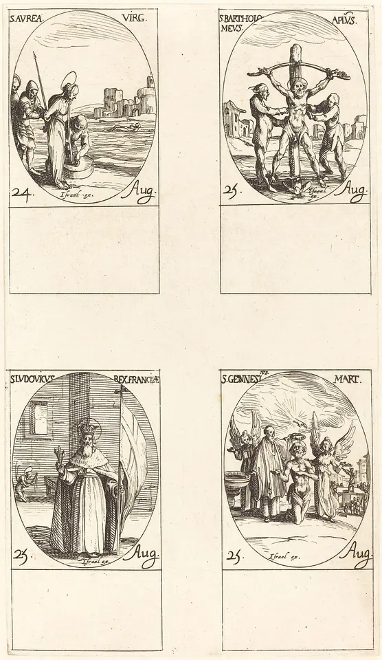 Sheet of four small oval etchings of saints for August 24 and 25, the last showing St. Genesius kneeling as figures from heaven appear above him
