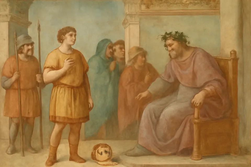 Fresco-style scene of a young actor still in stage costume standing before a seated Roman emperor and declaring his faith