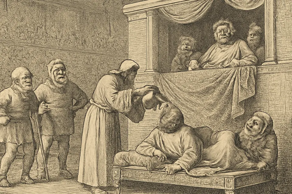 Engraving-style scene of an actor lying on a stage bed in a Roman theater as another actor dressed as a priest pours water over him, while the emperor watches from his box