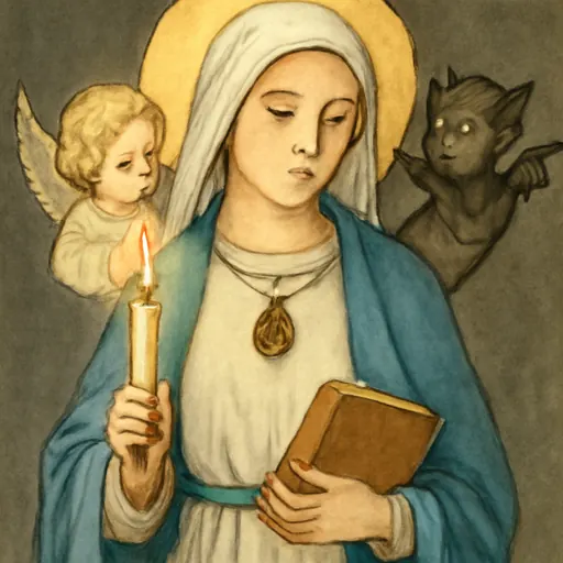 Oil-painting-style portrait of St. Genevieve as a young woman in a white veil and blue mantle, holding a lit candle, with a small cross medal at her neck