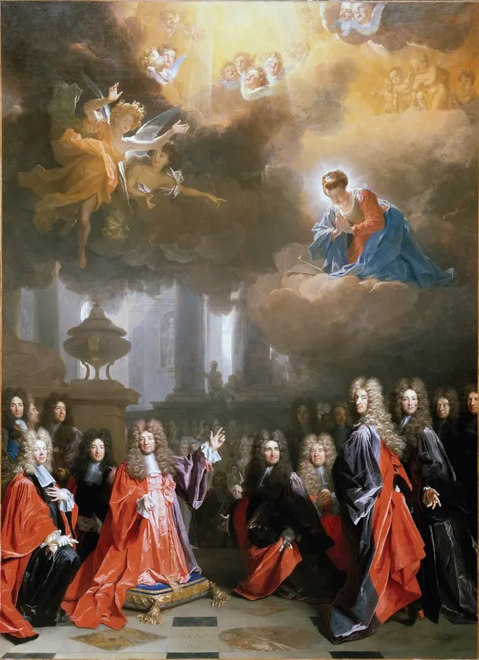 Baroque painting of city magistrates in red and black robes and long wigs gathered below, with St. Genevieve and the Virgin Mary among clouds and angels above them