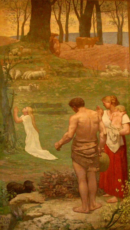 Mural of a small girl in white kneeling in prayer at the foot of a tree in a meadow, while a bare-chested farmer and a woman holding a baby walk past