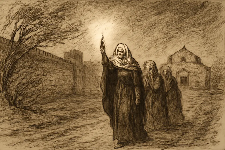 Illustration of St. Genevieve walking at night to the shrine of St. Denis as her candle, blown out by the wind, relights in her hand