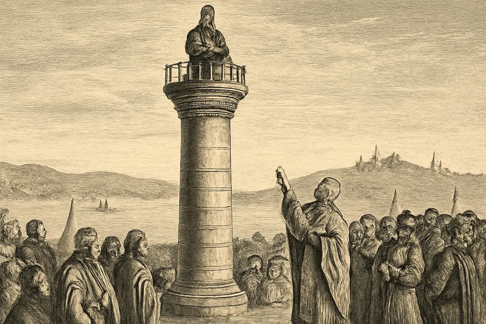 Engraving-style scene of a patriarch and clergy at the foot of a tall stone pillar near Constantinople, praying up toward a monk standing on top