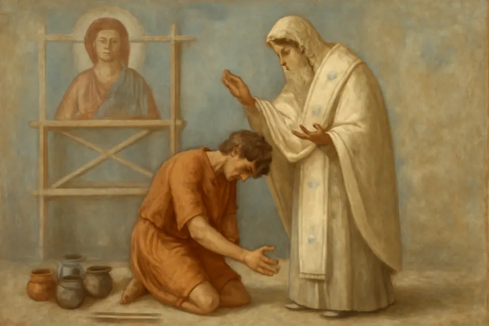 Fresco-style scene of an aged patriarch praying over a kneeling painter whose right hand hangs withered, beside an unfinished image of Christ