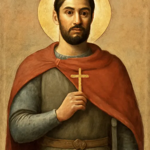 Fresco-style portrait of St. George of Sofia as a bearded man of thirty in a fifteenth-century soldier's tunic and red cloak, holding a martyr's cross