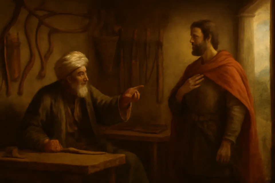 Oil-painting-style scene of a Christian soldier handing his bow to an Ottoman bowmaker in a workshop in fifteenth-century Adrianople