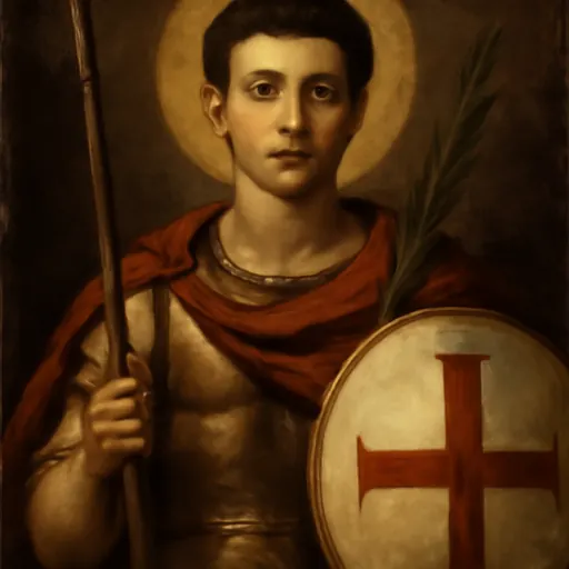 Oil-painting-style portrait of St. George as a young Roman soldier in armor and a red cloak, holding a lance and a shield with a red cross