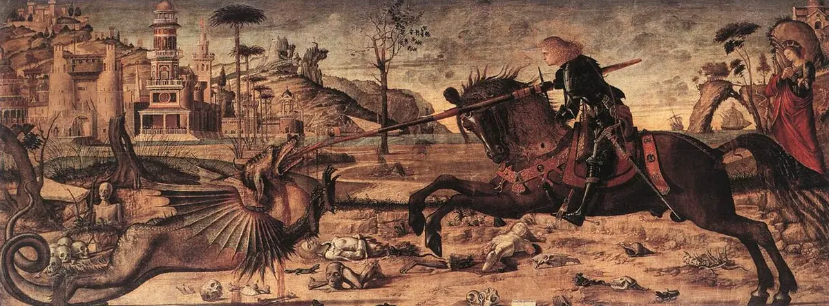 Wide painting of a knight in black armor charging on a dark horse and driving his lance through the jaws of a dragon, with the princess and a fantastic city behind