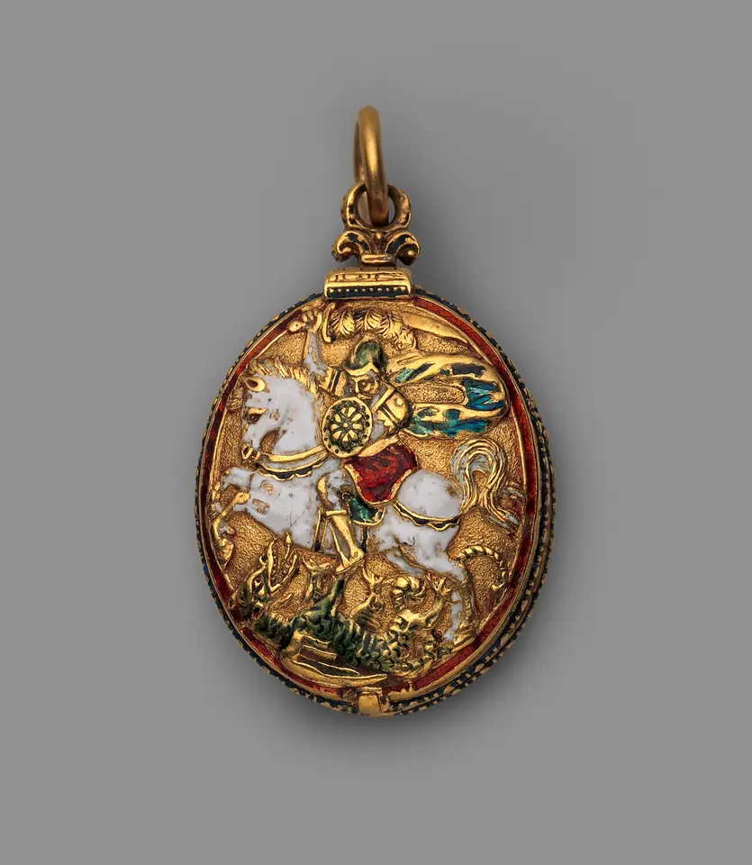 Oval gold pendant enameled with St. George on a white horse spearing the dragon, in the form of the Order of the Garter's badge