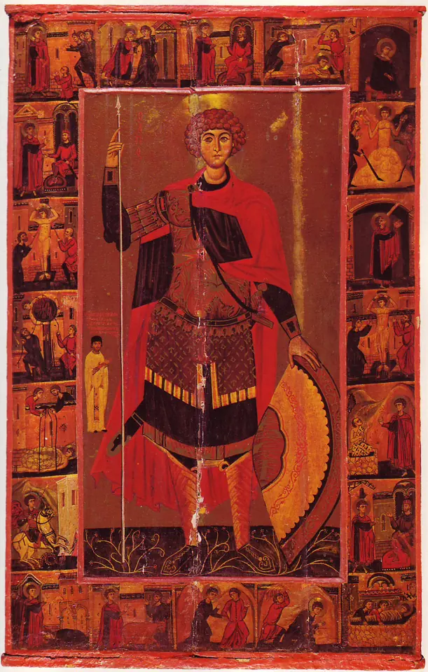 Large icon of a standing young warrior saint in red and gold armor holding a spear and shield, framed by twenty small scenes of his trials and martyrdom