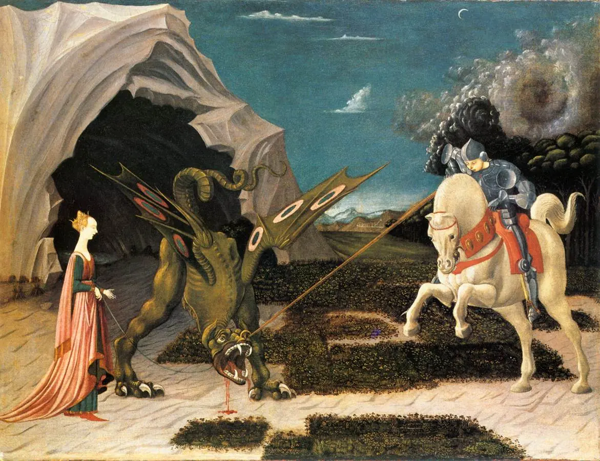 Painting of a knight on a white horse spearing a green winged dragon outside a cave, while a princess in a pink gown holds the dragon on a leash, with a spiral storm cloud in the sky