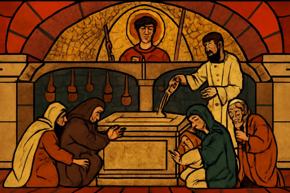 Illustration of Byzantine pilgrims kneeling at the tomb of St. George in the basilica at Lydda