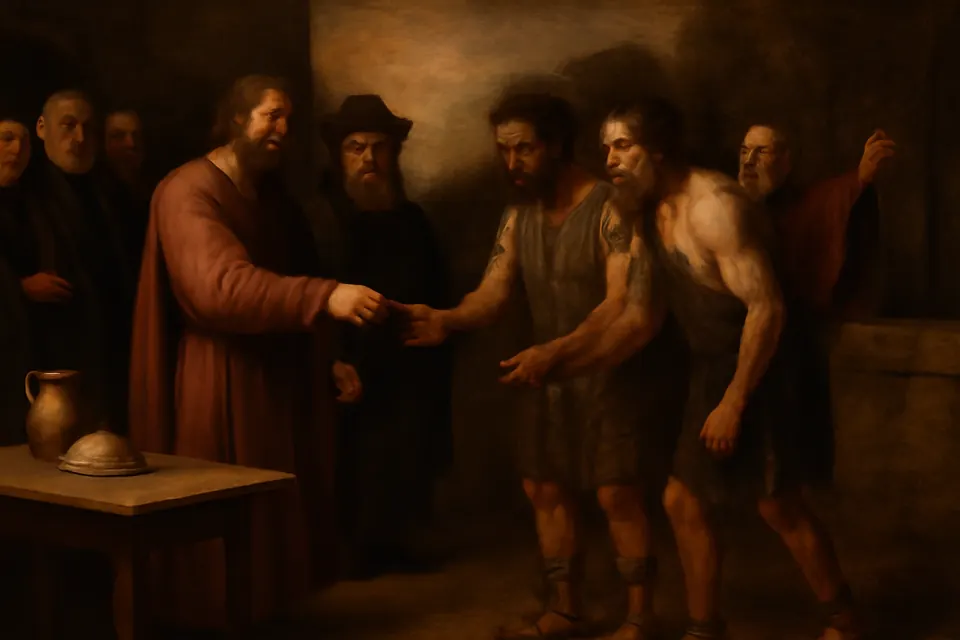 Oil-painting-style scene of a count handing his knife to two freed prisoners after a meal, as they look toward a willow thicket