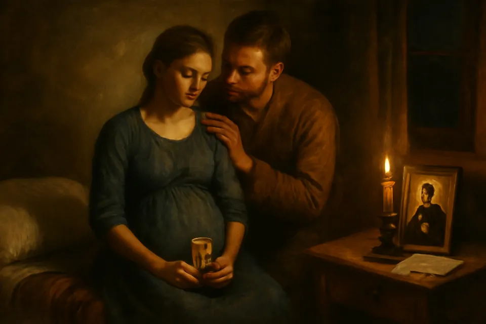 Oil-painting-style illustration of a young expectant mother praying at home before a small picture of St. Gerard Majella, her husband kneeling beside her