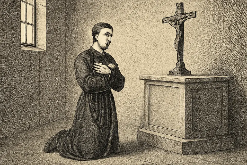 Engraving-style illustration of St. Gerard Majella, a young Redemptorist brother, kneeling in prayer before a crucifix