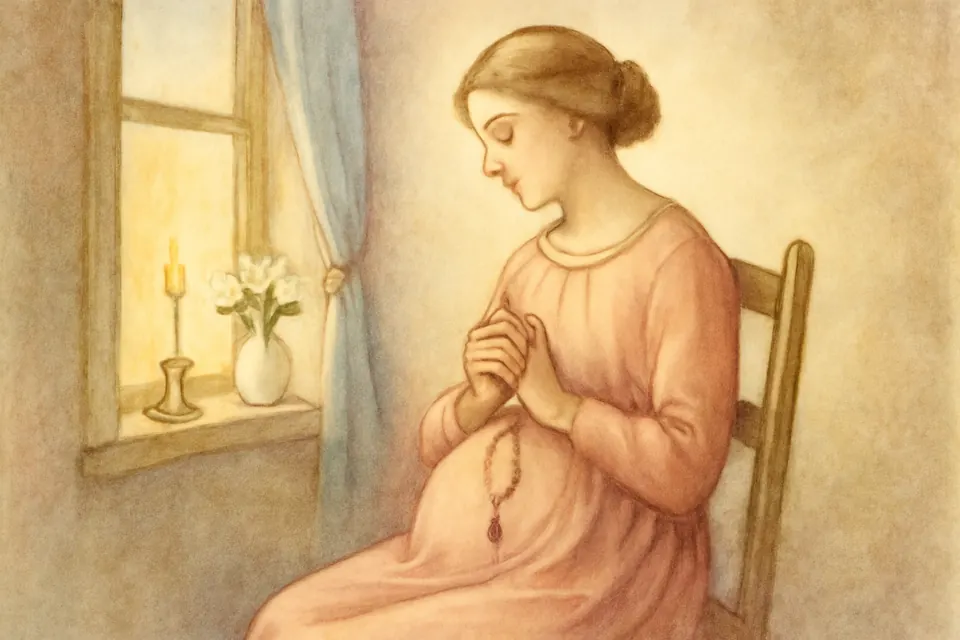 Watercolor-style illustration of an expectant mother praying with a rosary by a window at home