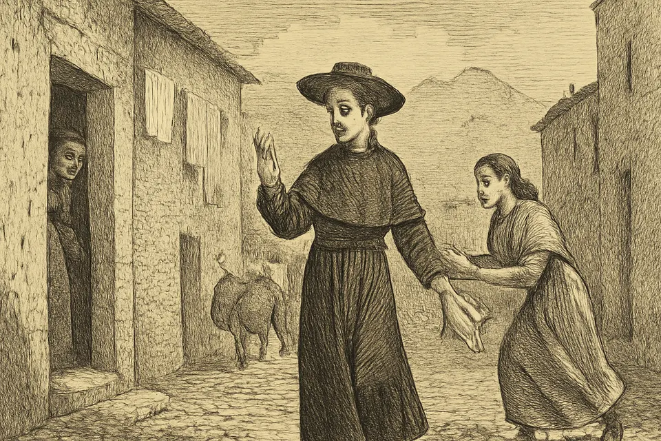 Engraving-style illustration of a young girl running down a village street after a Redemptorist brother to return the handkerchief he left behind