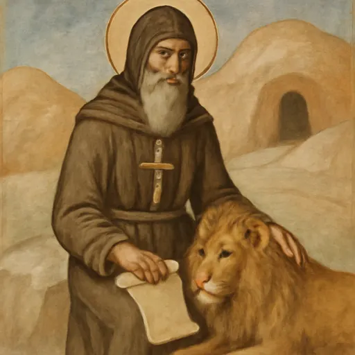 Fresco-style portrait of St. Gerasimus of the Jordan, an old monk with a long gray beard in a dark habit, resting his hand on the head of a lion at his feet