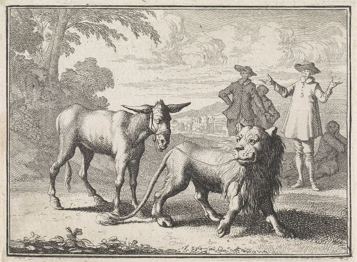 Copper engraving of a lion leading a donkey by its halter past two astonished men in hats, in a wooded landscape