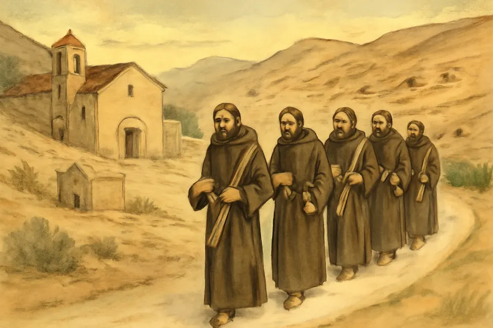 Watercolor-style scene of desert monks walking back to their cells by the Jordan carrying bread, water and bundles of palm branches