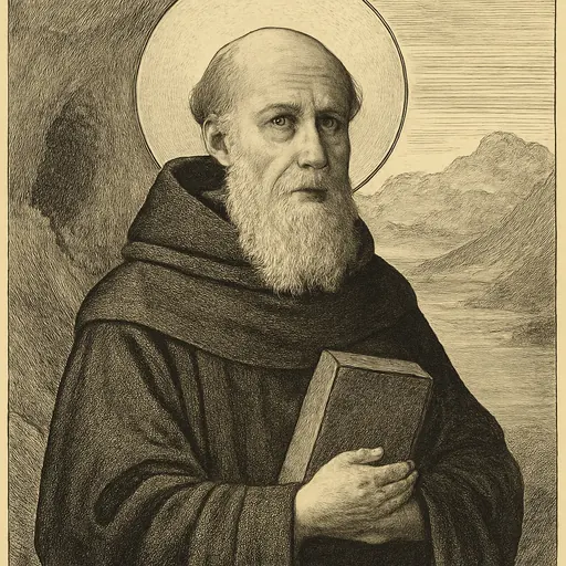 Engraving-style portrait of St. Germain de Talloires, an elderly Benedictine monk with a white beard in a black habit, holding a book, with a lake and mountains behind him