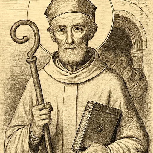 Engraving-style portrait of St. Germain of Paris as an elderly Merovingian bishop in a chasuble and pallium, holding a crozier and a book