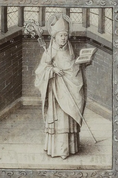Gray-toned manuscript miniature of a bishop in miter and cope standing in a tiled room, holding a crozier and reading an open book