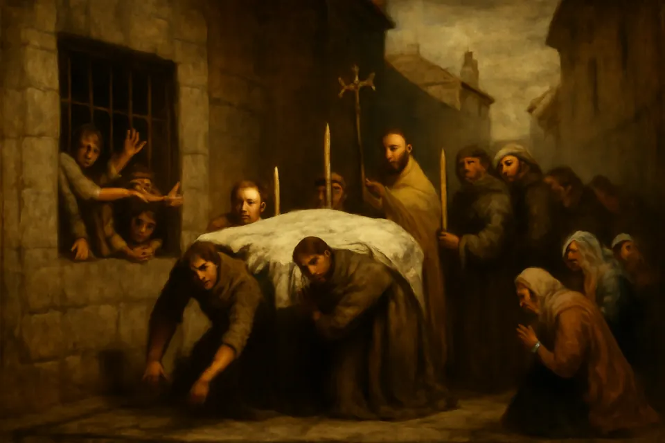 Illustration of St. Germain's funeral procession halting before the city prison of Paris as the prisoners call out from behind the bars