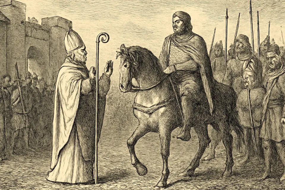 Illustration of the aged bishop Germain warning King Sigebert, armed for war, at the gate of Paris