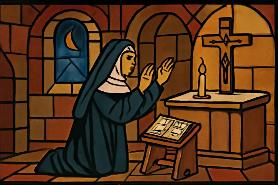 Oil-painting-style illustration of a medieval Benedictine nun kneeling in a candlelit stone chapel at night, praying with her hands raised toward the altar