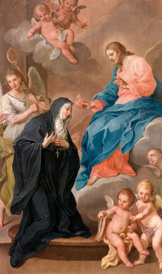A Benedictine nun in a black habit kneels on a cloud before Christ in a pink and blue robe, with angels and cherubs around them