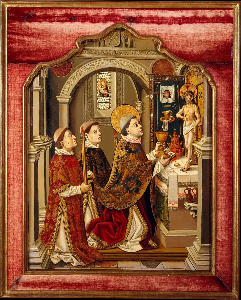 A pope in a gold vestment kneels at an altar with two attendants while the risen Christ appears above the altar showing his wounds