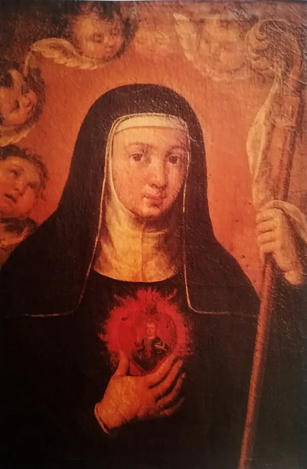 Painting of a nun in a black habit and white wimple holding a flaming heart to her breast, with an abbess's staff and small angel faces around her