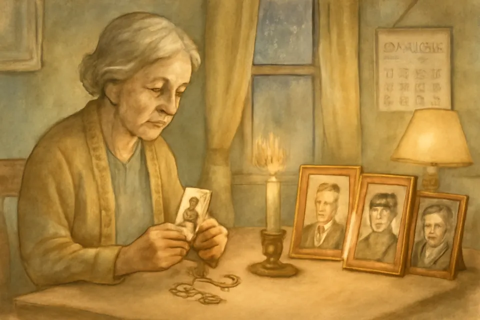 Watercolor illustration of an elderly woman praying at her kitchen table in November with a holy card, a candle and framed photographs of her family's dead