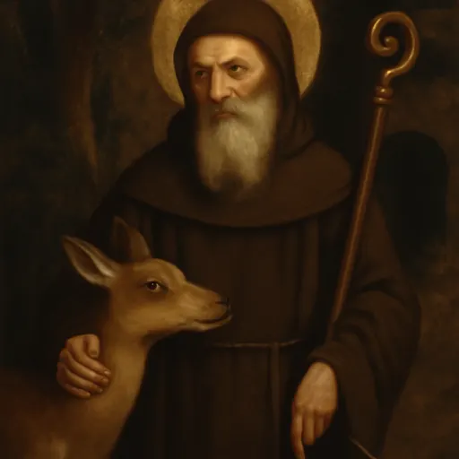 Oil-painting-style portrait of St. Giles as an elderly hermit abbot in a dark habit with a hind at his side and an arrow in his hand