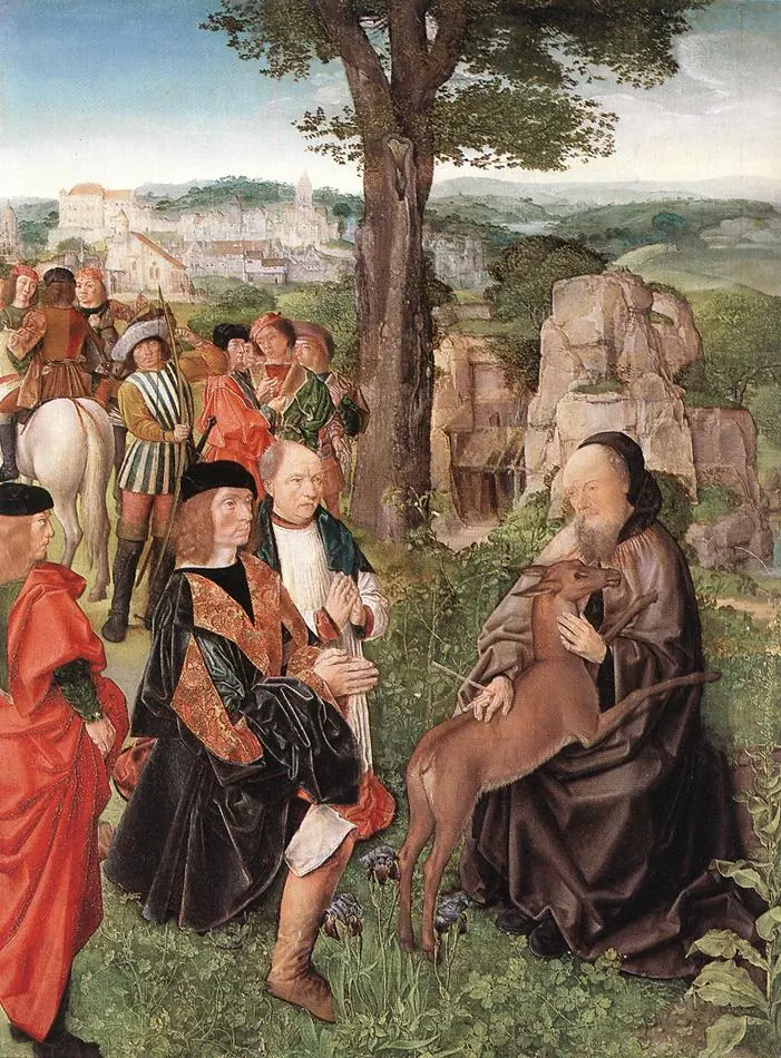 Late Gothic panel of an old hermit seated in a rocky landscape, holding a wounded hind in his lap with an arrow through his own hand, as a king and his hunters kneel before him