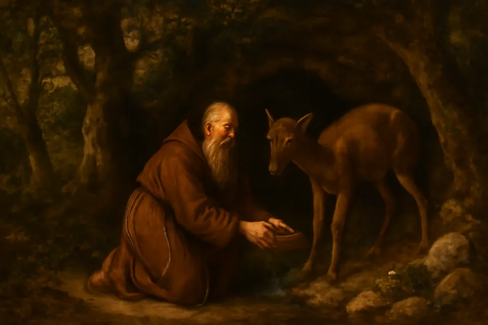 Illustration of the hermit Giles in a forest cave being fed with milk by a hind