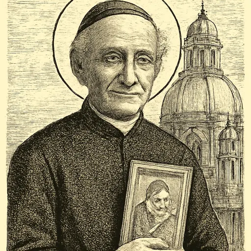 Engraving-style portrait of St. Giuseppe Allamano, an elderly Italian priest in a black cassock and skullcap with a warm smile
