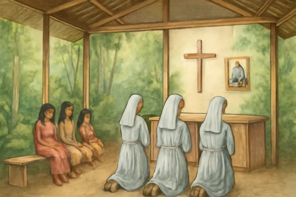 Watercolor-style scene of missionary sisters praying together in a small rainforest chapel