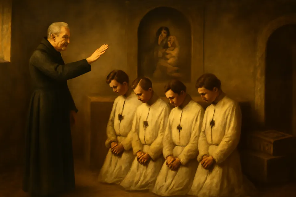 Oil-painting-style scene of a priest in a black cassock blessing a few young missionary priests and brothers before their departure