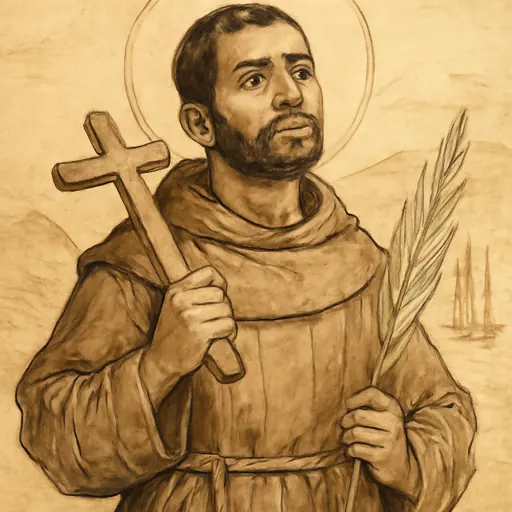 Oil-painting-style portrait of St. Gonsalo Garcia, a dark-haired Indian Franciscan brother of about forty in a brown habit holding a wooden cross and a palm