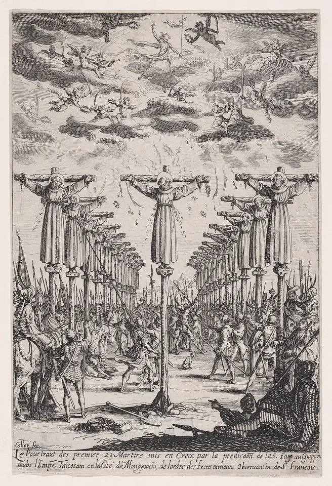 Etching of rows of crosses on a hillside with figures crucified on them, soldiers and onlookers below, and angels with crowns in the clouds above