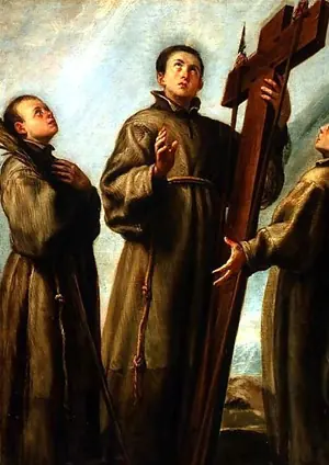 Painting detail of three young Franciscan friars in brown habits, one holding a large wooden cross, looking up toward heaven