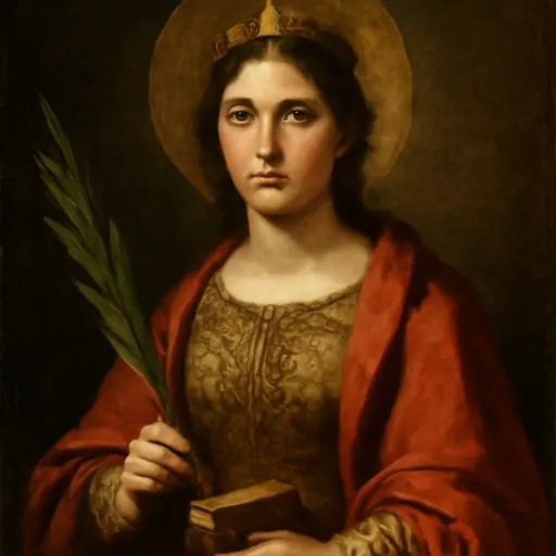 Oil-painting-style portrait of St. Engratia of Saragossa as a young Spanish noblewoman in a rich brocade gown and red cloak, holding a palm branch